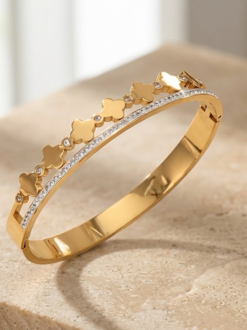 18k Gold Plated Stainless Steel Clover & Pavé Crystal Bangle Bracelet